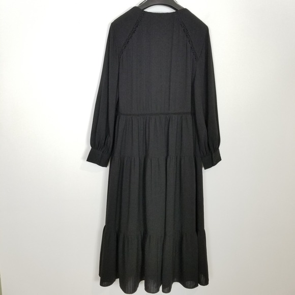 Zara Women Textured Midi Tiered Dress Sz L Black V Neck Boho Relaxed Vacation - Picture 5 of 9